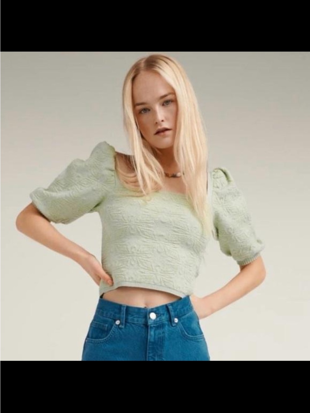 Zara Sage Green Puff-Sleeve Cropped Top Large